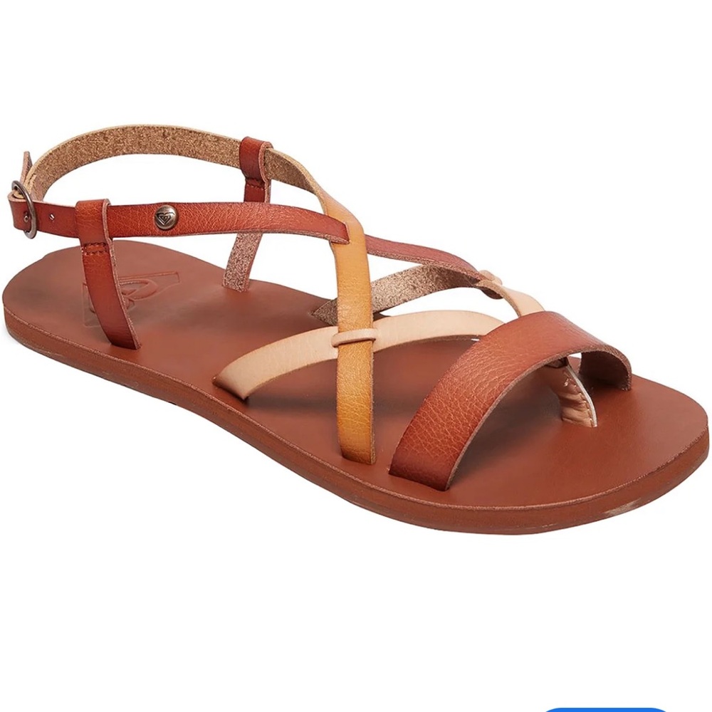 Roxy Flat Ankle Strap Leather Upper Strappy Sandals - Brown and Tan Size 9